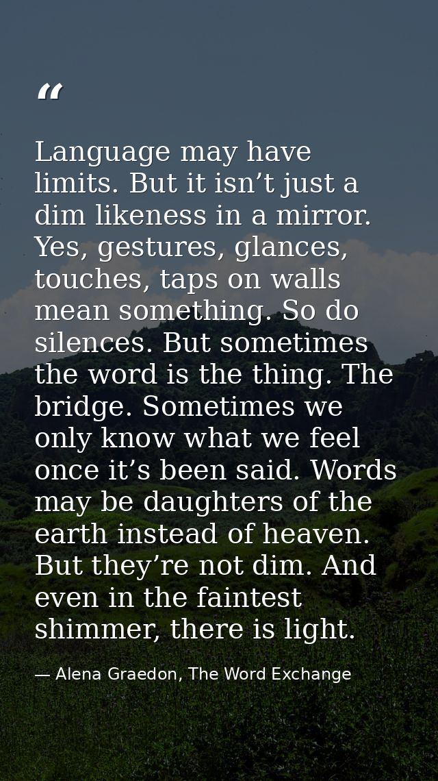 Language may have limits. But it isn’t just a dim likeness in a mirror. Yes, gestures, glances, touches, taps on walls m — Alena Graedon, The Word Exchange