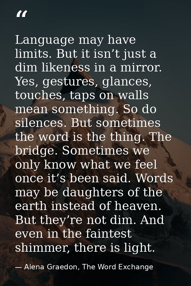 Language may have limits. But it isn’t just a dim likeness in a mirror. Yes, gestures, glances, touches, taps on walls m — Alena Graedon, The Word Exchange
