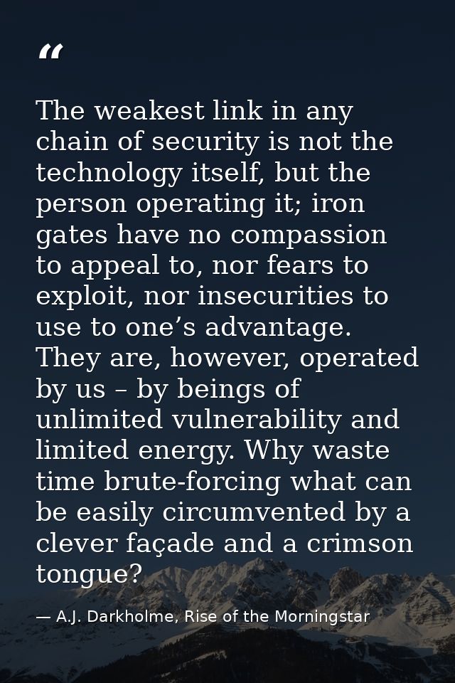 The weakest link in any chain of security is not the technology itself, but the person operating it; iron gates have no  — A.J. Darkholme, Rise of the Morningstar
