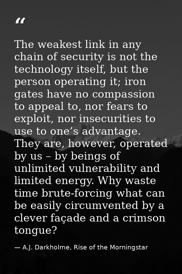 The weakest link in any chain of security is not the technology itself, but the person operating it; iron gates have no  — A.J. Darkholme, Rise of the Morningstar