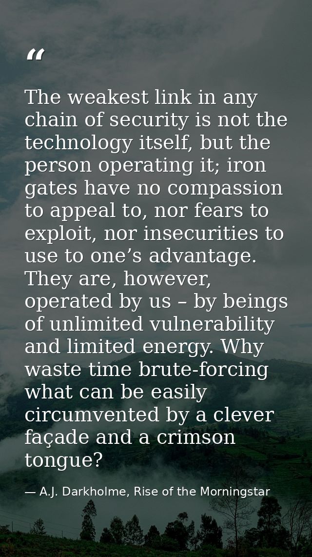 The weakest link in any chain of security is not the technology itself, but the person operating it; iron gates have no  — A.J. Darkholme, Rise of the Morningstar