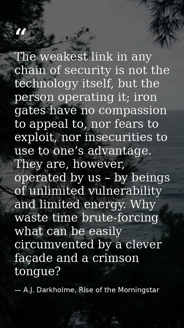 The weakest link in any chain of security is not the technology itself, but the person operating it; iron gates have no  — A.J. Darkholme, Rise of the Morningstar