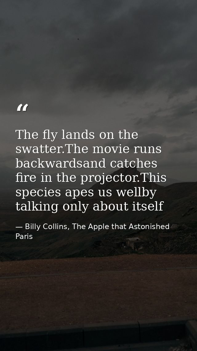 The fly lands on the swatter.The movie runs backwardsand catches fire in the projector.This species apes us wellby talki — Billy Collins, The Apple that Astonished Paris