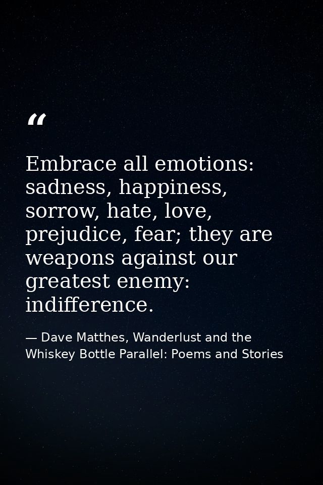 Embrace all emotions: sadness, happiness, sorrow, hate, love, prejudice, fear; they are weapons against our greatest ene — Dave Matthes, Wanderlust and the Whiskey Bottle Parallel: Poems and Stories