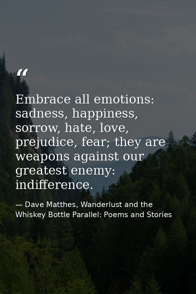 Embrace all emotions: sadness, happiness, sorrow, hate, love, prejudice, fear; they are weapons against our greatest ene — Dave Matthes, Wanderlust and the Whiskey Bottle Parallel: Poems and Stories