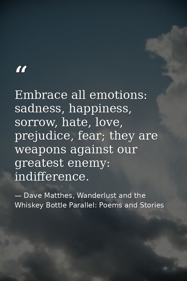Embrace all emotions: sadness, happiness, sorrow, hate, love, prejudice, fear; they are weapons against our greatest ene — Dave Matthes, Wanderlust and the Whiskey Bottle Parallel: Poems and Stories
