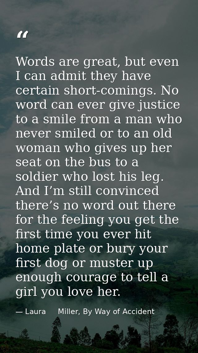 Words are great, but even I can admit they have certain short-comings. No word can ever give justice to a smile from a m — Laura     Miller, By Way of Accident