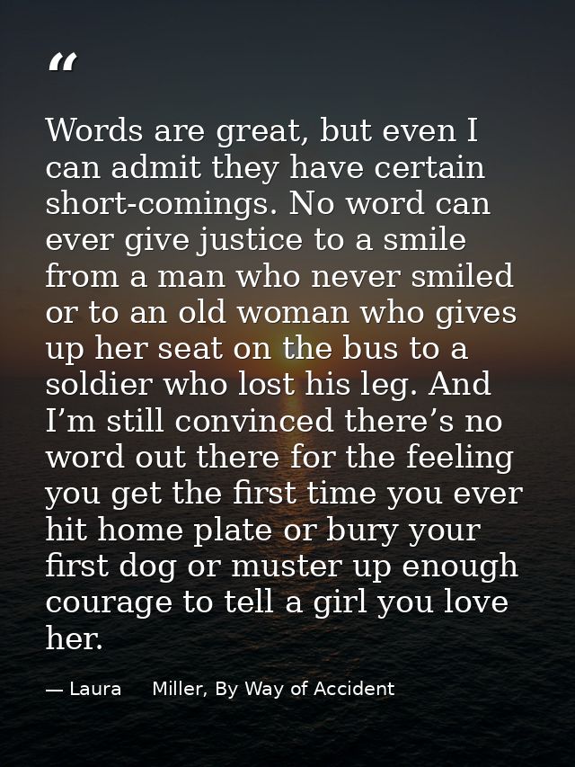 Words are great, but even I can admit they have certain short-comings. No word can ever give justice to a smile from a m — Laura     Miller, By Way of Accident