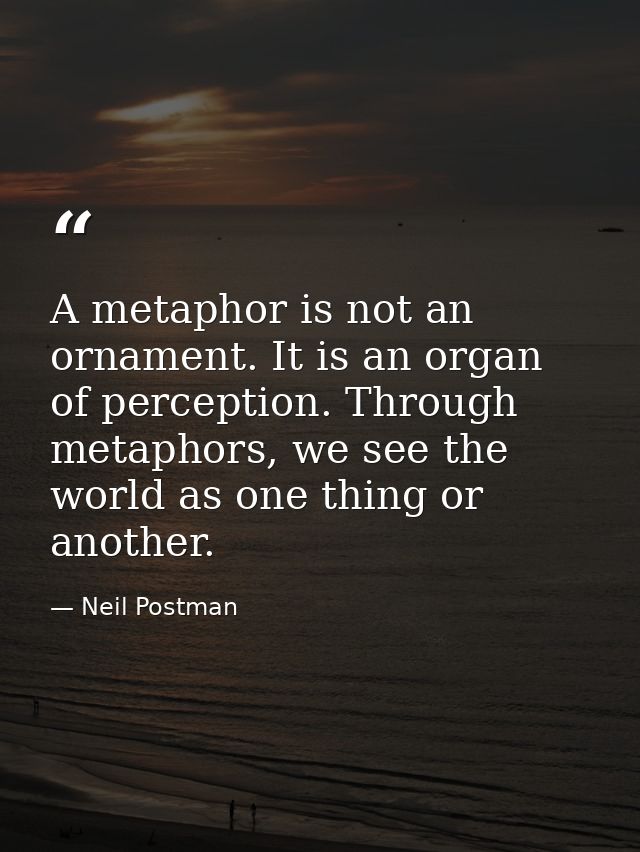 A metaphor is not an ornament. It is an organ of perception. Through metaphors, we see the world as one thing or another — Neil Postman