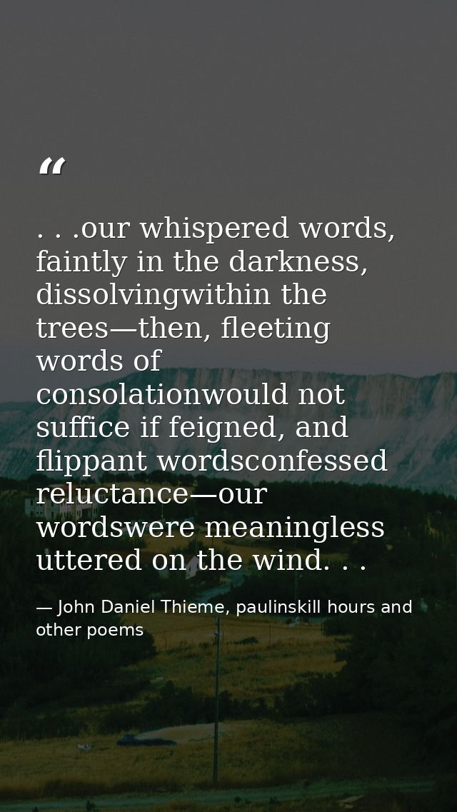 . . .our whispered words, faintly in the darkness, dissolvingwithin the trees—then, fleeting words of consolationwould n — John Daniel Thieme, paulinskill hours and other poems