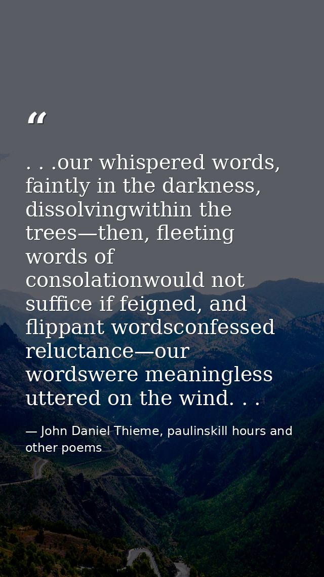 . . .our whispered words, faintly in the darkness, dissolvingwithin the trees—then, fleeting words of consolationwould n — John Daniel Thieme, paulinskill hours and other poems