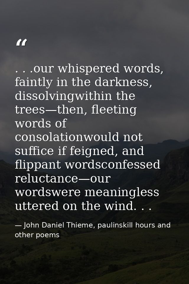 . . .our whispered words, faintly in the darkness, dissolvingwithin the trees—then, fleeting words of consolationwould n — John Daniel Thieme, paulinskill hours and other poems