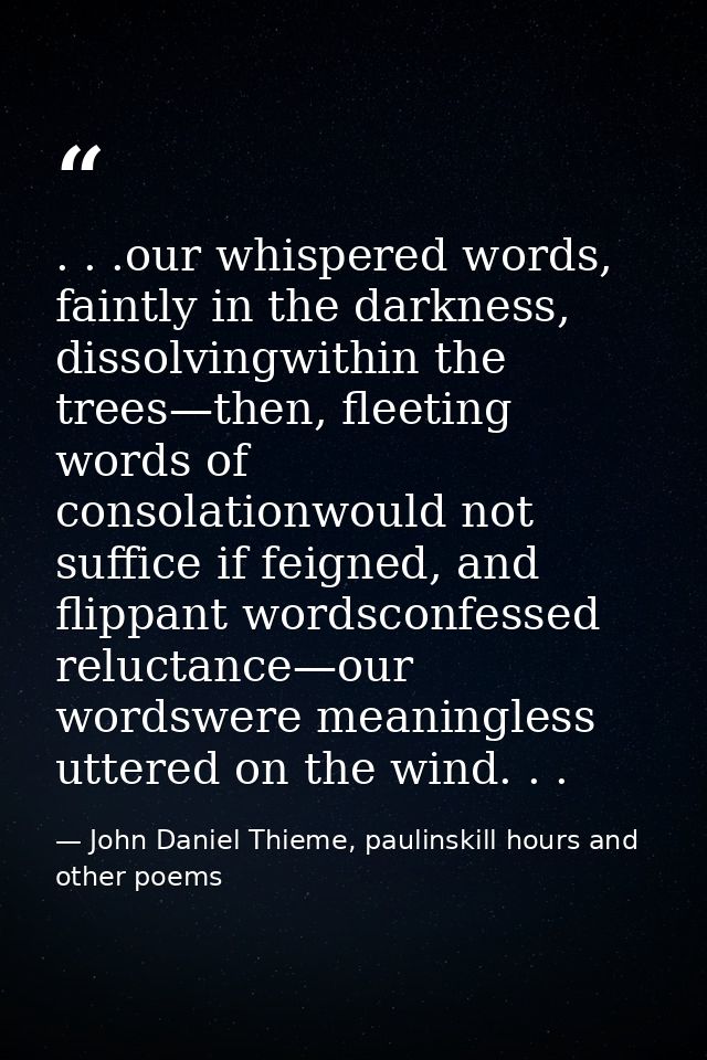 . . .our whispered words, faintly in the darkness, dissolvingwithin the trees—then, fleeting words of consolationwould n — John Daniel Thieme, paulinskill hours and other poems