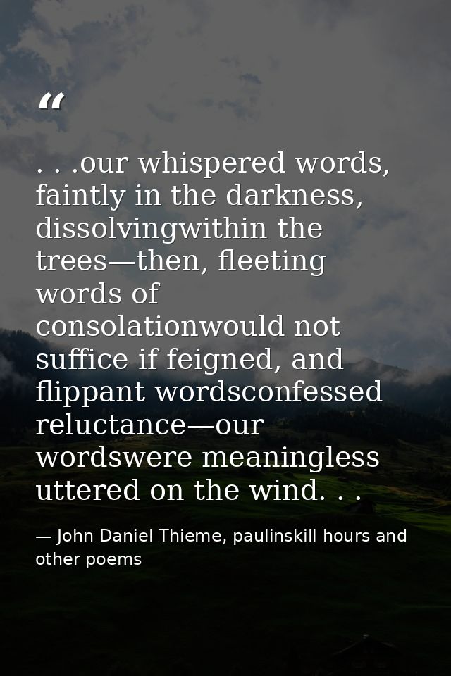 . . .our whispered words, faintly in the darkness, dissolvingwithin the trees—then, fleeting words of consolationwould n — John Daniel Thieme, paulinskill hours and other poems