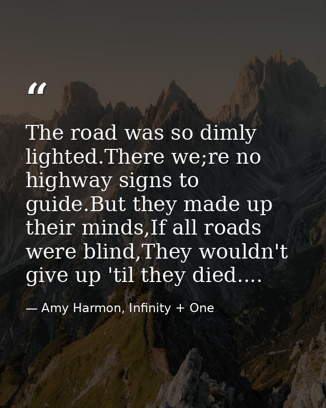 The road was so dimly lighted.There we;re no highway signs to guide.But they made up their minds,If all roads were blind — Amy Harmon, Infinity + One