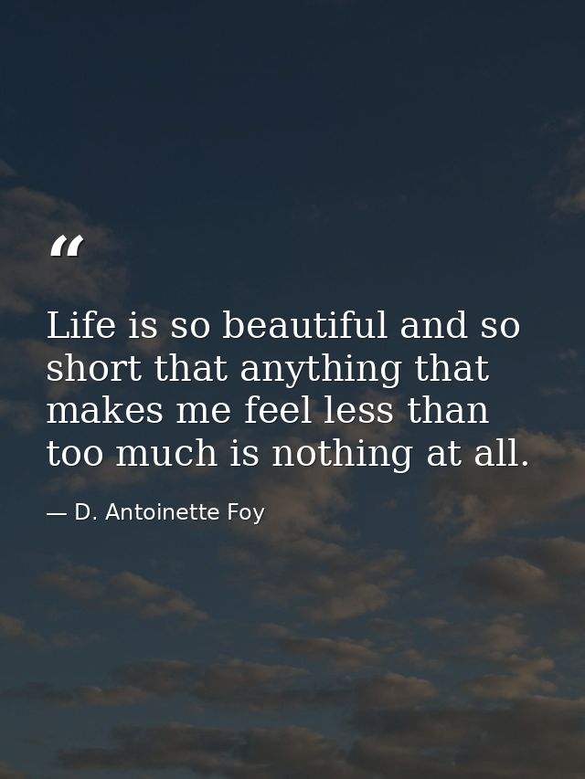 Life is so beautiful and so short that anything that makes me feel less than too much is nothing at all. — D. Antoinette Foy