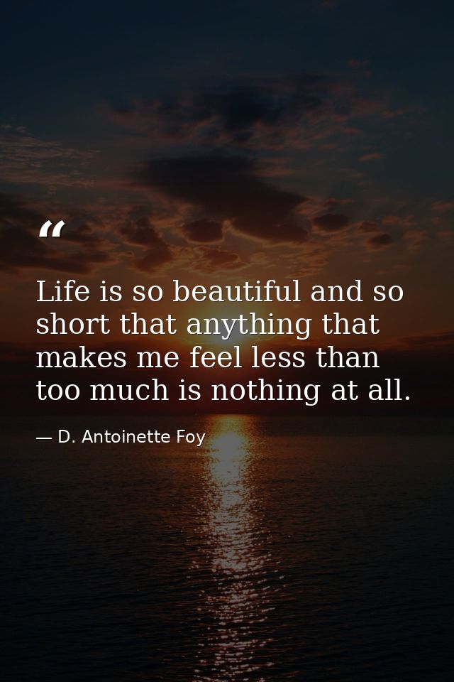 Life is so beautiful and so short that anything that makes me feel less than too much is nothing at all. — D. Antoinette Foy