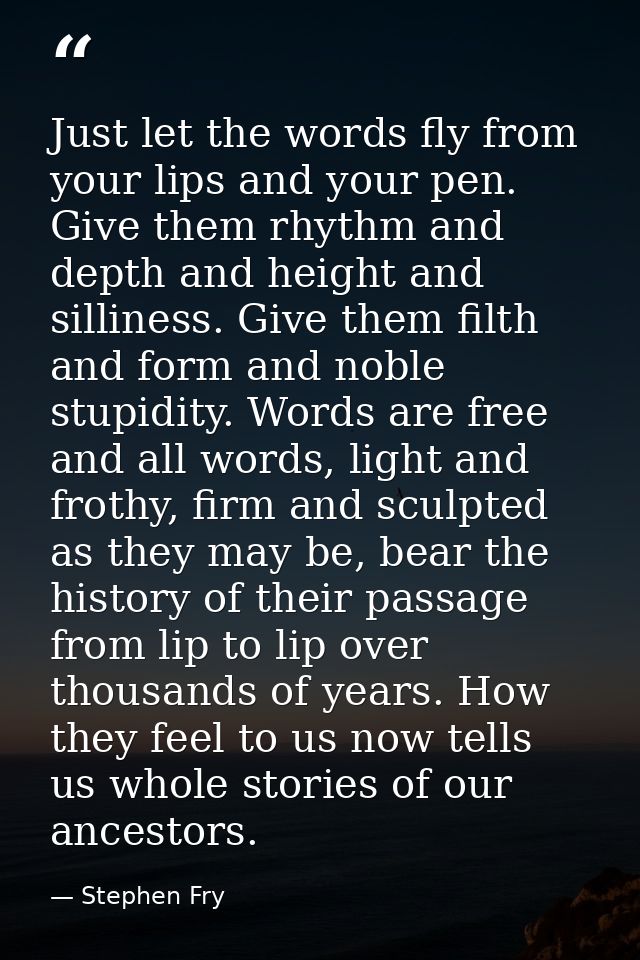 Just let the words fly from your lips and your pen. Give them rhythm and depth and height and silliness. Give them filth — Stephen Fry