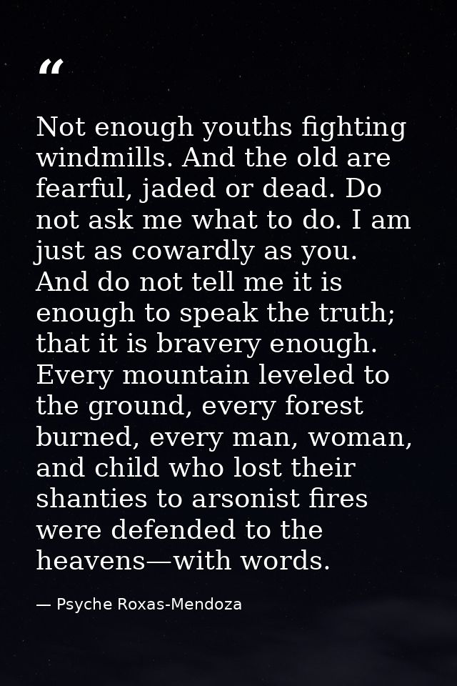 Not enough youths fighting windmills. And the old are fearful, jaded or dead. Do not ask me what to do. I am just as cow — Psyche Roxas-Mendoza