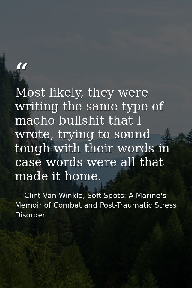 Most likely, they were writing the same type of macho bullshit that I wrote, trying to sound tough with their words in c — Clint Van Winkle, Soft Spots: A Marine's Memoir of Combat and Post-Traumatic Stress Disorder
