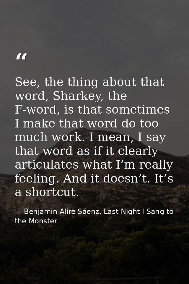See, the thing about that word, Sharkey, the F-word, is that sometimes I make that word do too much work. I mean, I say  — Benjamin Alire Sáenz, Last Night I Sang to the Monster