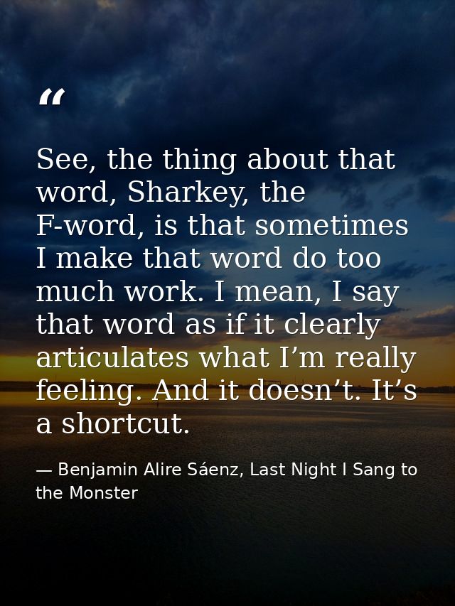 See, the thing about that word, Sharkey, the F-word, is that sometimes I make that word do too much work. I mean, I say  — Benjamin Alire Sáenz, Last Night I Sang to the Monster