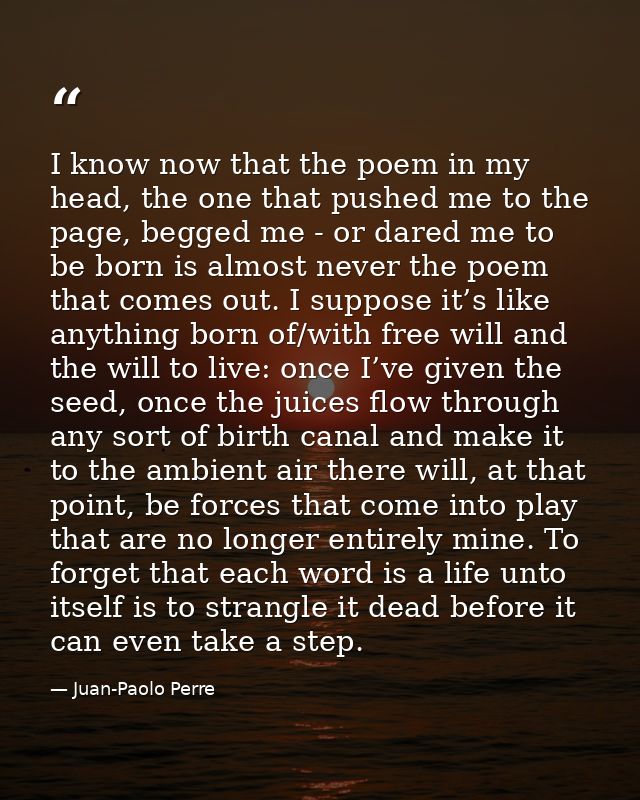 I know now that the poem in my head, the one that pushed me to the page, begged me - or dared me to be born is almost ne — Juan-Paolo Perre