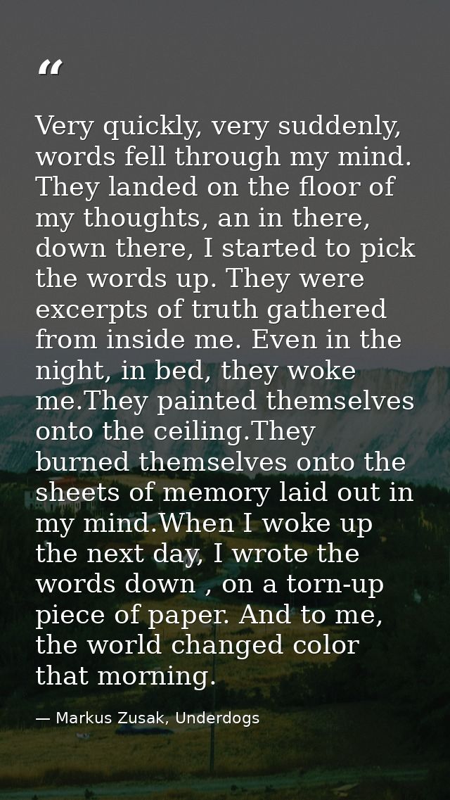 Very quickly, very suddenly, words fell through my mind. They landed on the floor of my thoughts, an in there, down ther — Markus Zusak, Underdogs