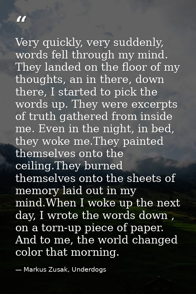 Very quickly, very suddenly, words fell through my mind. They landed on the floor of my thoughts, an in there, down ther — Markus Zusak, Underdogs