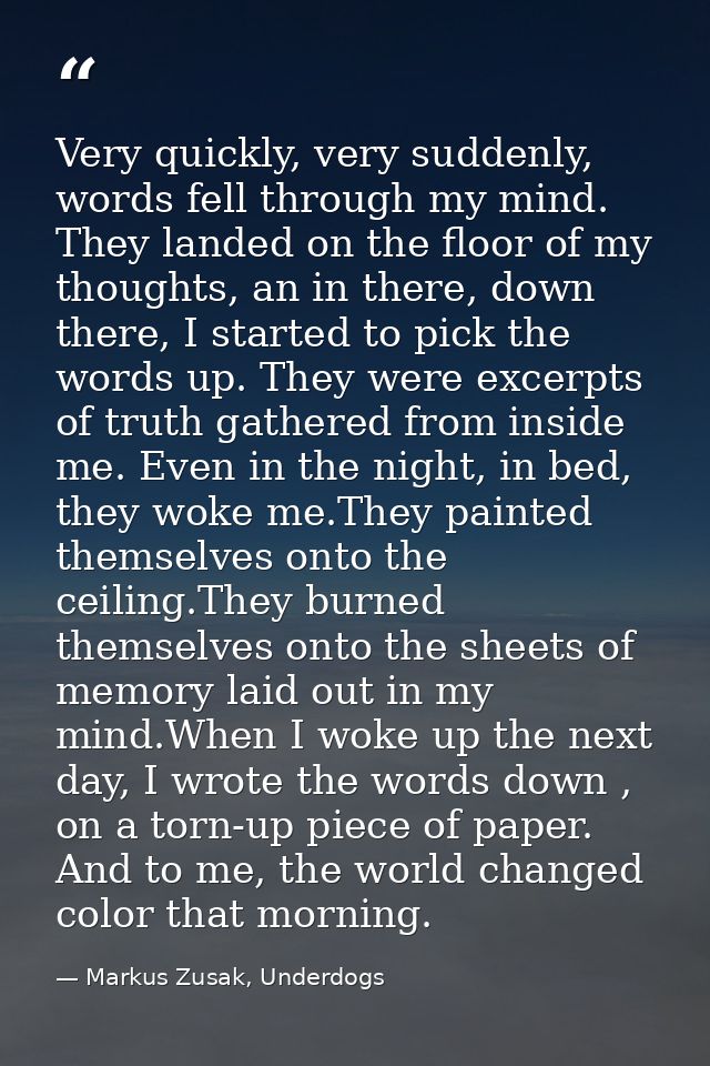 Very quickly, very suddenly, words fell through my mind. They landed on the floor of my thoughts, an in there, down ther — Markus Zusak, Underdogs