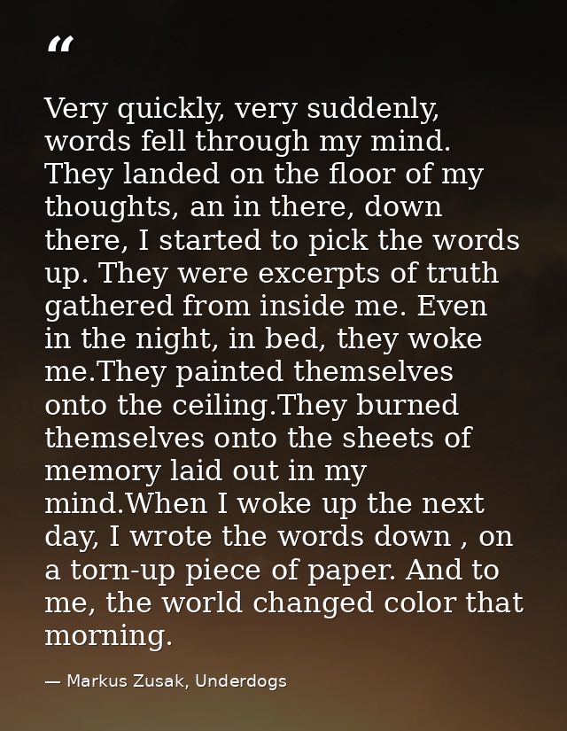 Very quickly, very suddenly, words fell through my mind. They landed on the floor of my thoughts, an in there, down ther — Markus Zusak, Underdogs