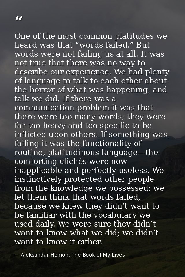 One of the most common platitudes we heard was that “words failed.” But words were not failing us at all. It was not tru — Aleksandar Hemon, The Book of My Lives