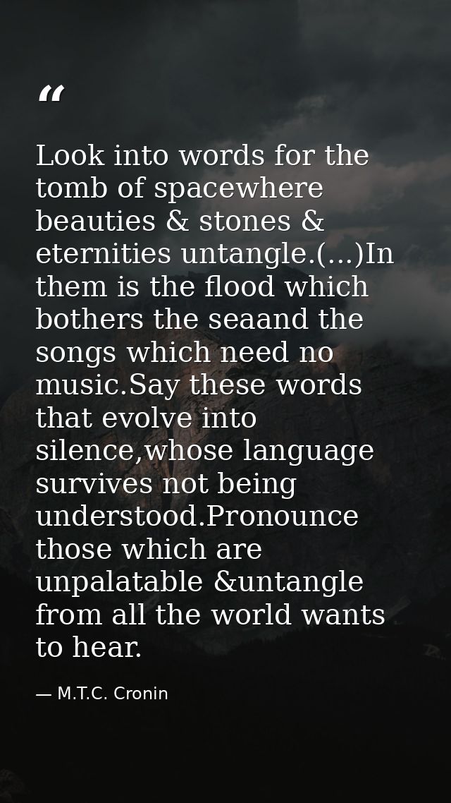 Look into words for the tomb of spacewhere beauties & stones & eternities untangle.(...)In them is the flood which bothe — M.T.C. Cronin