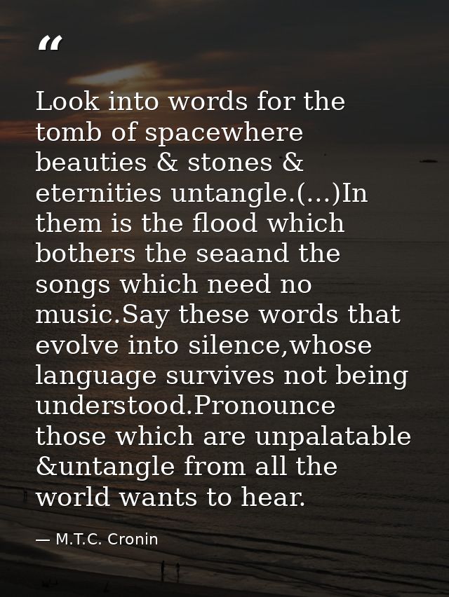 Look into words for the tomb of spacewhere beauties & stones & eternities untangle.(...)In them is the flood which bothe — M.T.C. Cronin