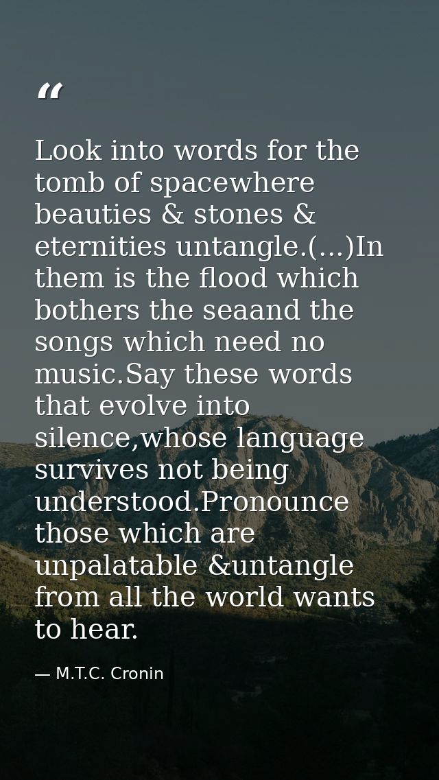 Look into words for the tomb of spacewhere beauties & stones & eternities untangle.(...)In them is the flood which bothe — M.T.C. Cronin