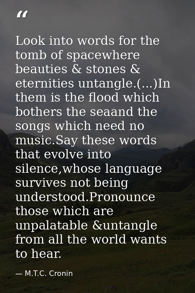 Look into words for the tomb of spacewhere beauties & stones & eternities untangle.(...)In them is the flood which bothe — M.T.C. Cronin