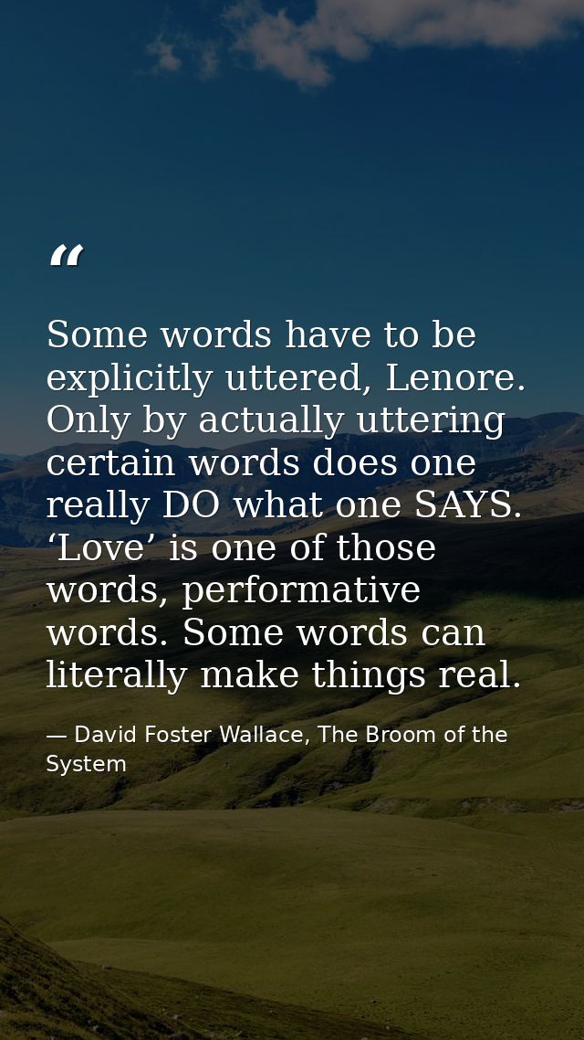 Some words have to be explicitly uttered, Lenore. Only by actually uttering certain words does one really DO what one SA — David Foster Wallace, The Broom of the System