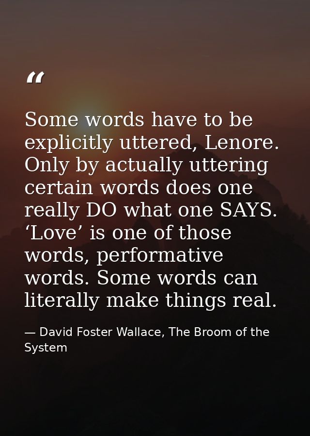 Some words have to be explicitly uttered, Lenore. Only by actually uttering certain words does one really DO what one SA — David Foster Wallace, The Broom of the System