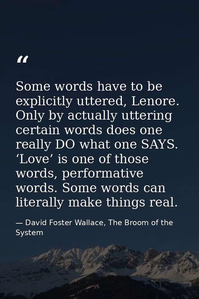 Some words have to be explicitly uttered, Lenore. Only by actually uttering certain words does one really DO what one SA — David Foster Wallace, The Broom of the System