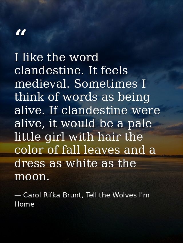 I like the word clandestine. It feels medieval. Sometimes I think of words as being alive. If clandestine were alive, it — Carol Rifka Brunt, Tell the Wolves I'm Home