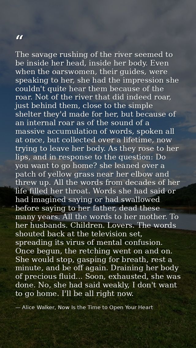 The savage rushing of the river seemed to be inside her head, inside her body. Even when the oarswomen, their guides, we — Alice Walker, Now Is the Time to Open Your Heart
