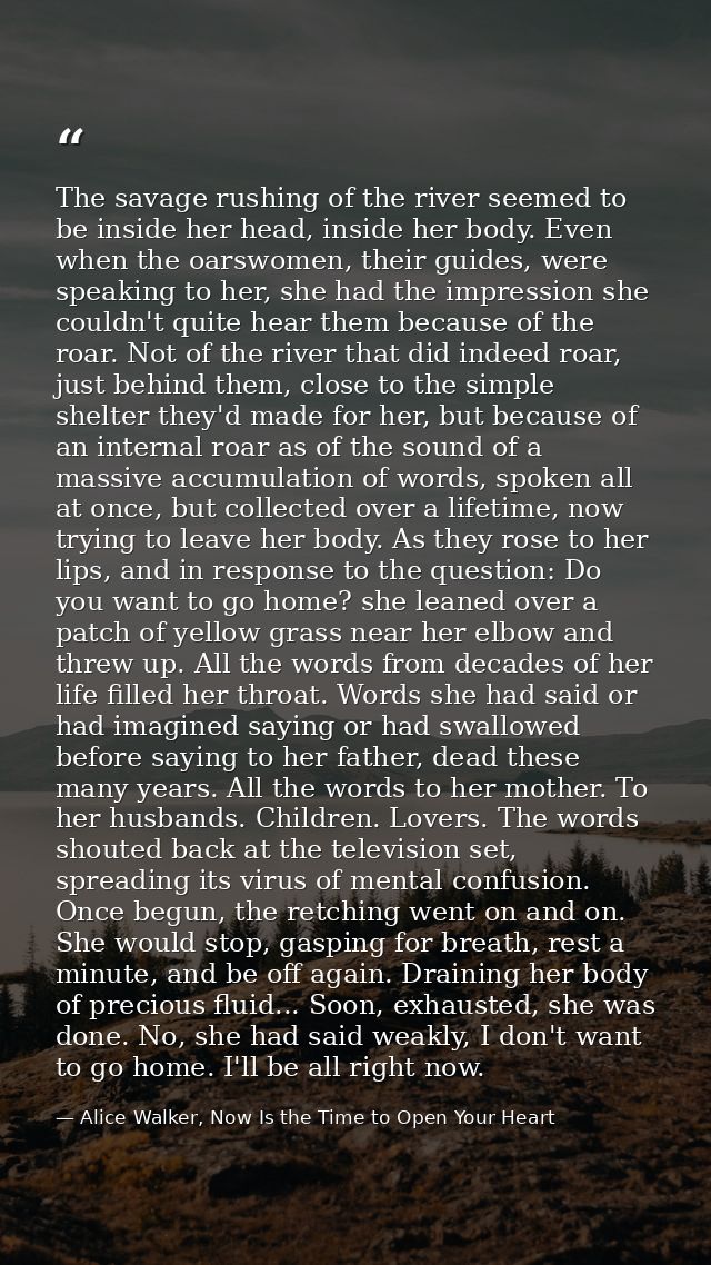 The savage rushing of the river seemed to be inside her head, inside her body. Even when the oarswomen, their guides, we — Alice Walker, Now Is the Time to Open Your Heart