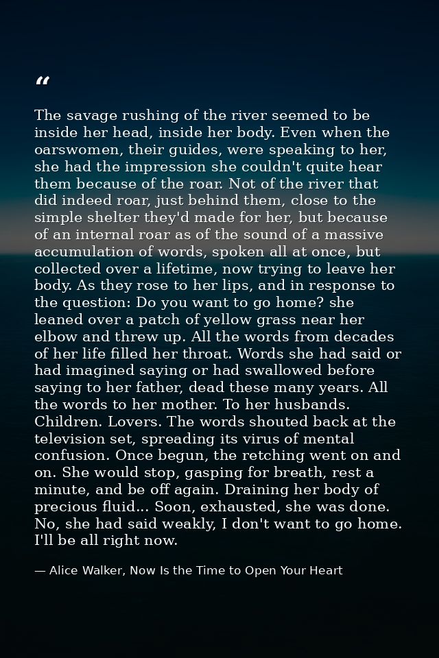 The savage rushing of the river seemed to be inside her head, inside her body. Even when the oarswomen, their guides, we — Alice Walker, Now Is the Time to Open Your Heart