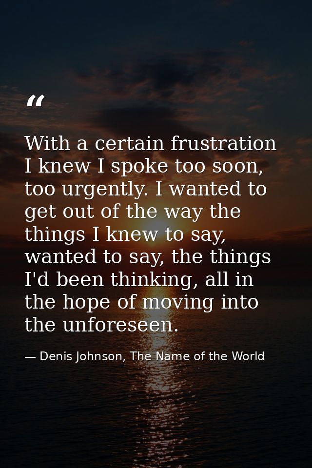 With a certain frustration I knew I spoke too soon, too urgently. I wanted to get out of the way the things I knew to sa — Denis Johnson, The Name of the World