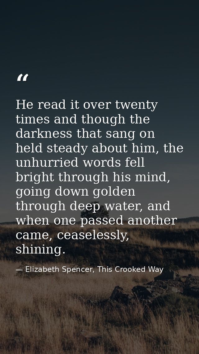 He read it over twenty times and though the darkness that sang on held steady about him, the unhurried words fell bright — Elizabeth Spencer, This Crooked Way