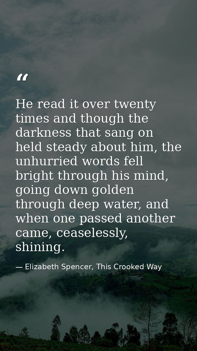 He read it over twenty times and though the darkness that sang on held steady about him, the unhurried words fell bright — Elizabeth Spencer, This Crooked Way