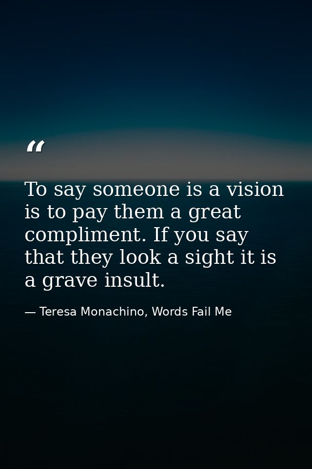 To say someone is a vision is to pay them a great compliment. If you say that they look a sight it is a grave insult. — Teresa Monachino, Words Fail Me
