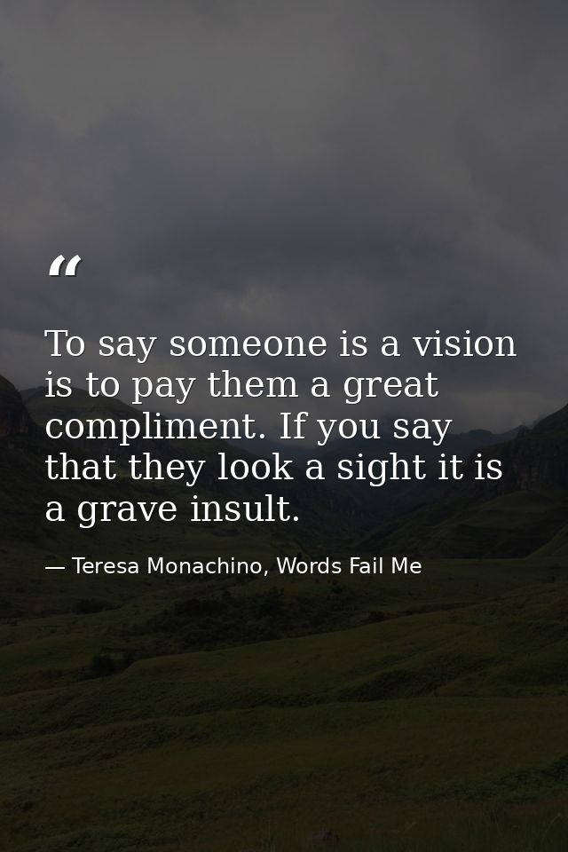 To say someone is a vision is to pay them a great compliment. If you say that they look a sight it is a grave insult. — Teresa Monachino, Words Fail Me