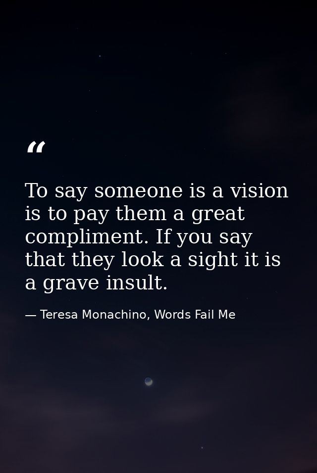 To say someone is a vision is to pay them a great compliment. If you say that they look a sight it is a grave insult. — Teresa Monachino, Words Fail Me