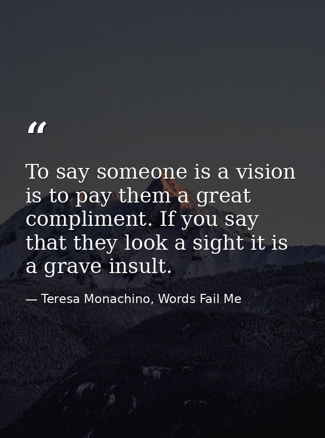 To say someone is a vision is to pay them a great compliment. If you say that they look a sight it is a grave insult. — Teresa Monachino, Words Fail Me